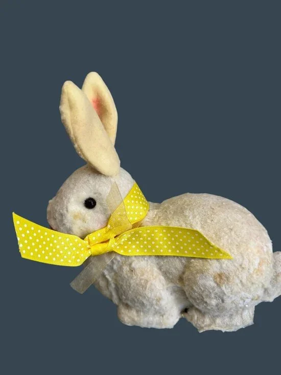 Vintage Flocked Easter Bunny Rabbit Yellow Ribbon 8" Decor Spring Display Worn - Picture 8 of 9